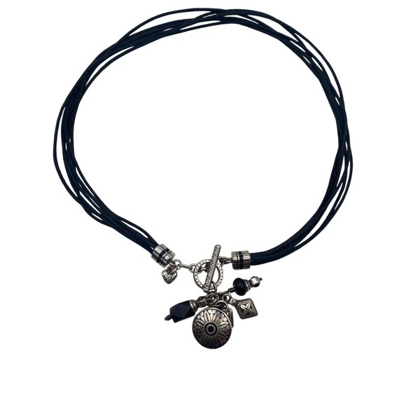 Brighton Jewelry - Signed Brighton Black Cord Necklace Multi Silver Plated Charms Toggle Clasp 17"